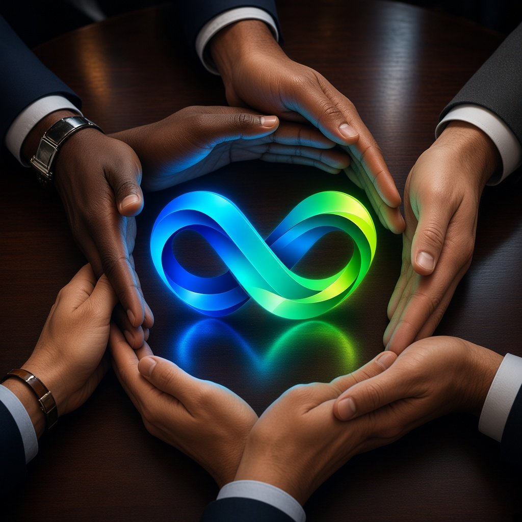 People joining hands around a glowing table